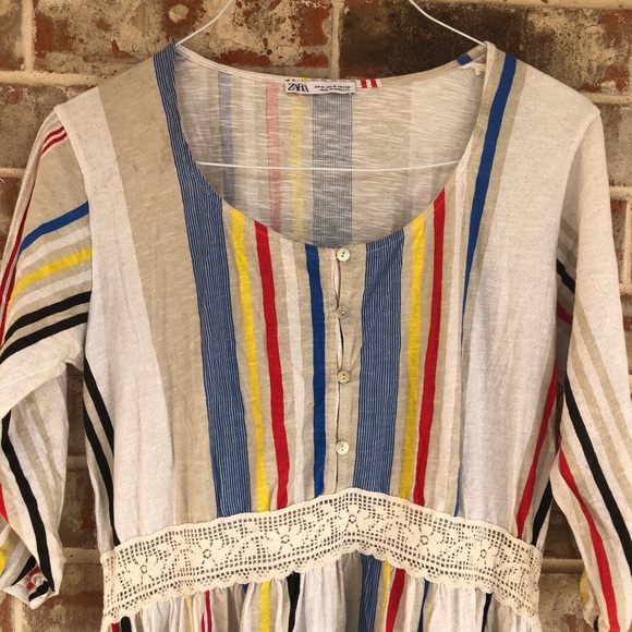 ZARA Combined Striped Lace Boho Mod MIDI Dress M - Picture 8 of 15
